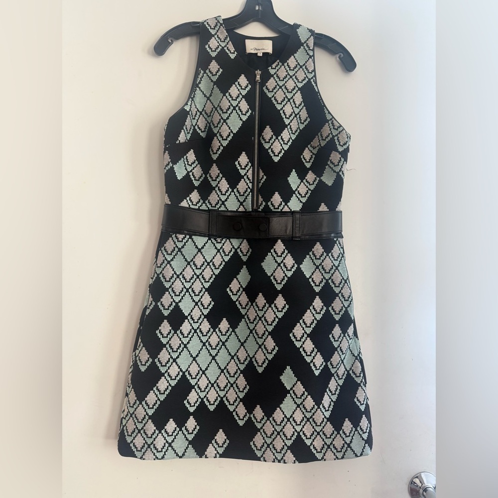 3.1 Phillip Lim Jacquard A Line Dress Black White & Mint Leather Trim Size 6 - Picture 2 of 5